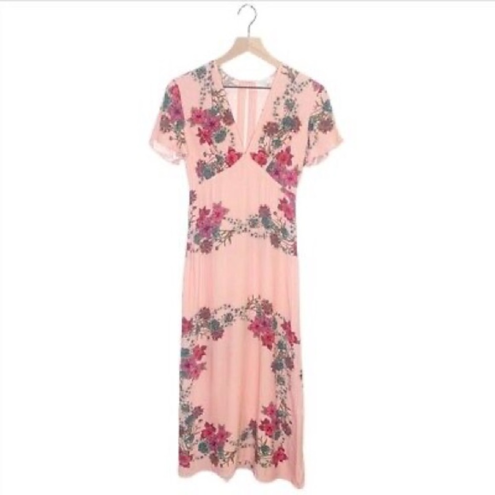 Sandro | Tissia Pink Floral Rose | Viscose | A-Line Prairie Midi Dress | Small